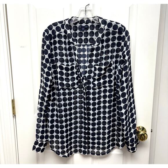 Gap Sheer Navy White Blouse With Navy Polka Dots, Split Neck, Woman's Size M - Picture 1 of 6